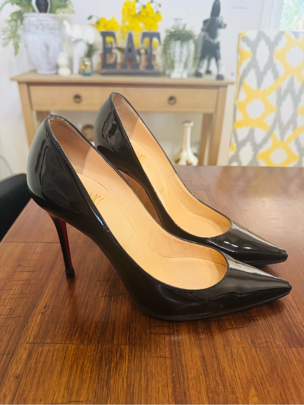 Christian Louboutin Black Patent Pointed Toe Stiletto Pumps with Red Soles